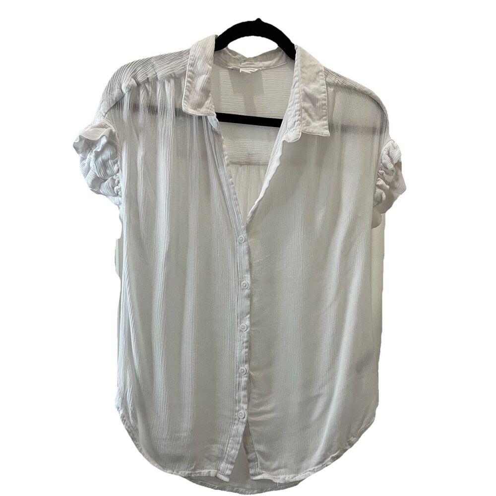 Beach Lunch Lounge White Button up Short Ruffle Sleeves Top Beachy Womens Size S